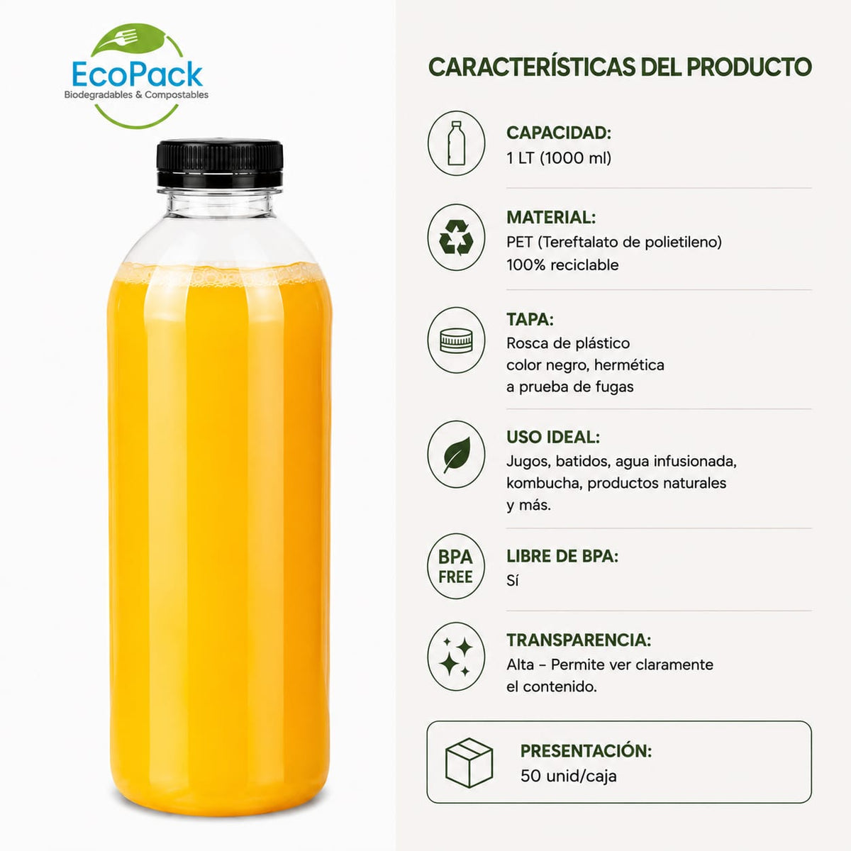 Botella 100% Reciclada 1000ml (50 unid/caja)