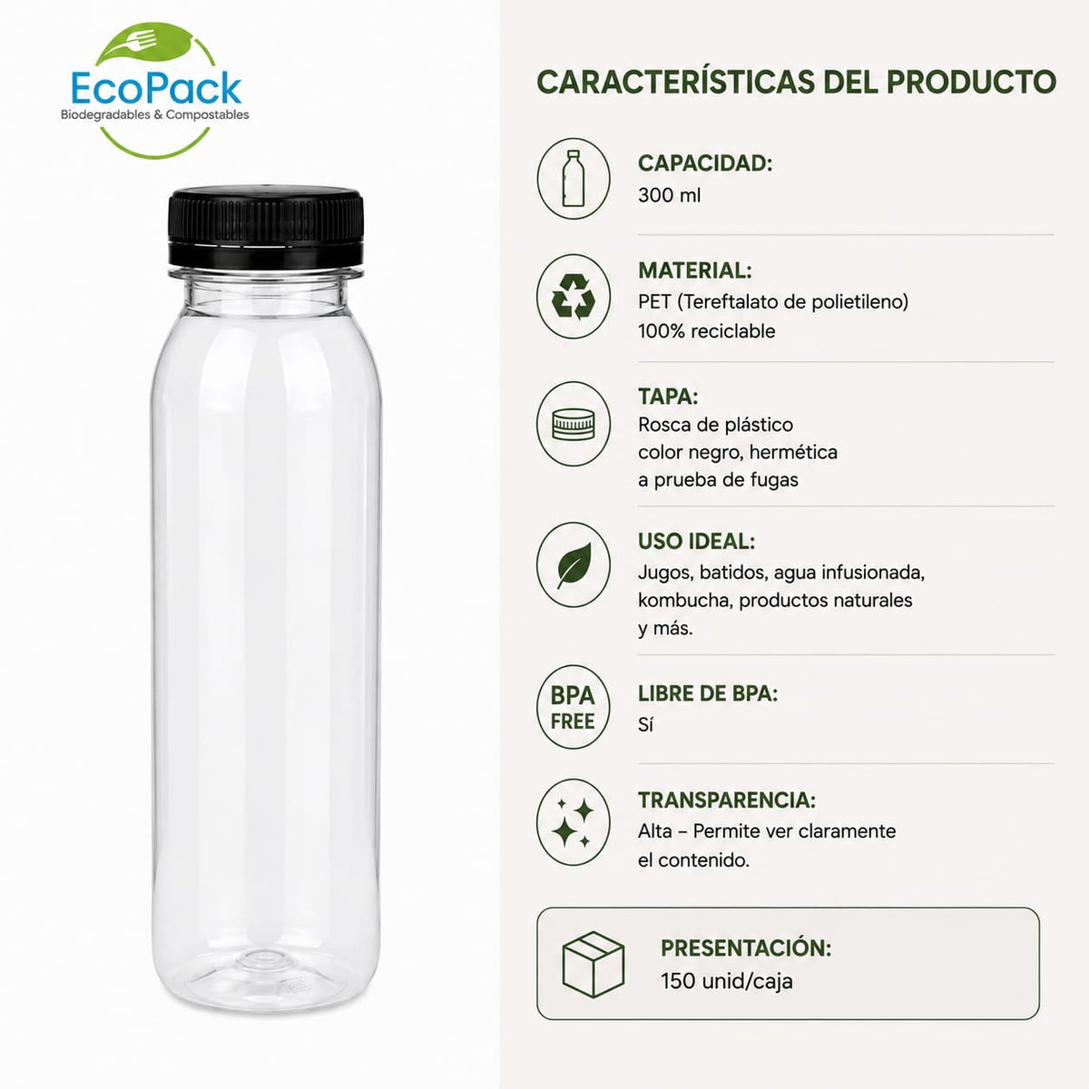 Botella 100% Reciclada 300ml (150 unid/caja)