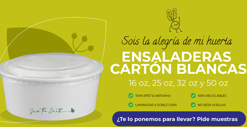 Ensaladera Blanca Cartón 500 ml + Tapa rPET Antivaho (200 unid/caja) (exclusivo online)