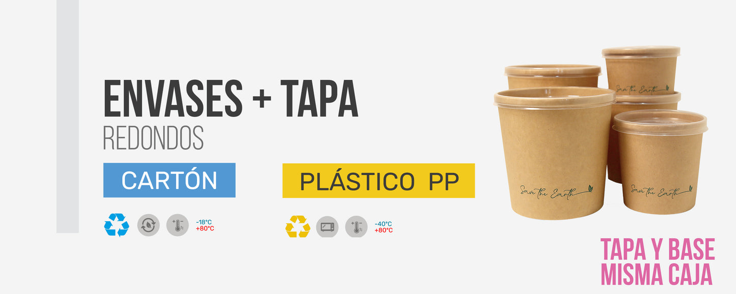Envase redondo 12 oz Kraft 350 ml con tapa PP (Combo)