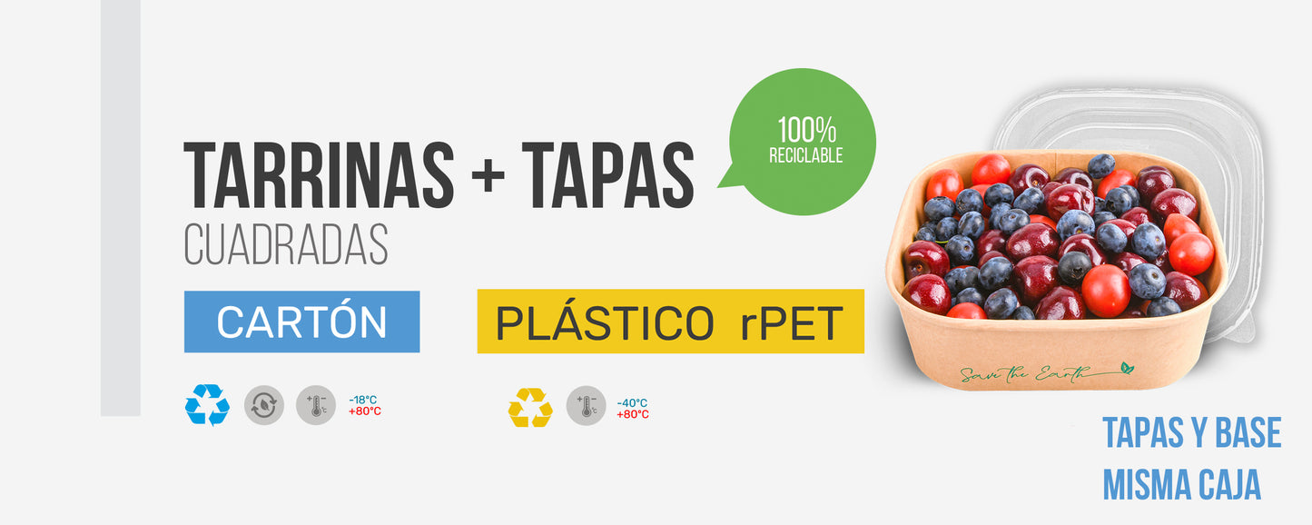 Tarrinas Cuadradas Kraft 1000 ml + Tapa rPET